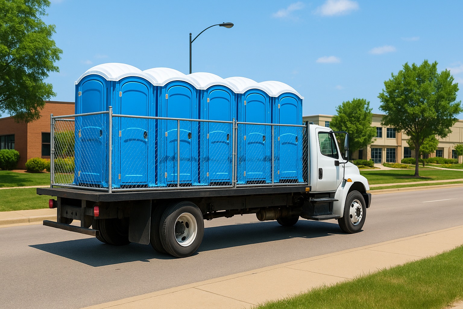 Side-by-side lineup of different portable toilet units: standard, ADA-compliant, and luxury units showing variety of options